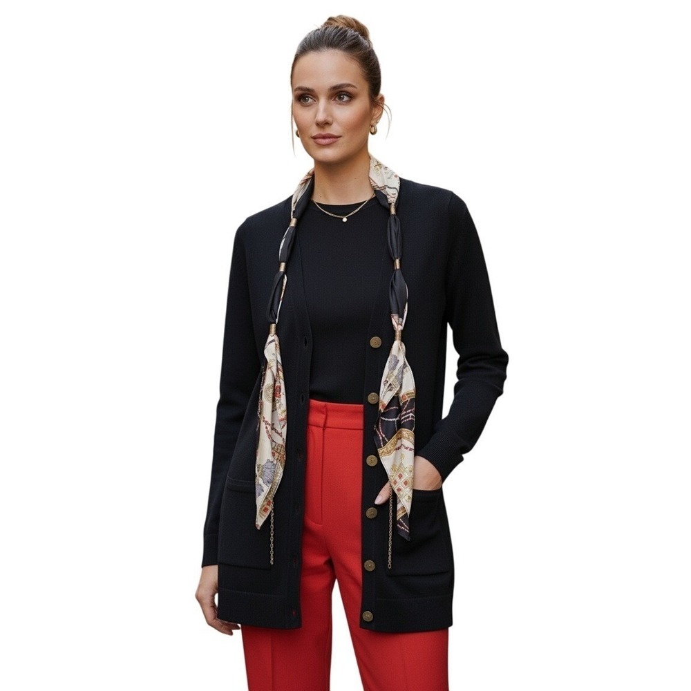 Vintage Elisabetta Franchi Black Cardigan Gold Button Embellished Scarf L Nwot